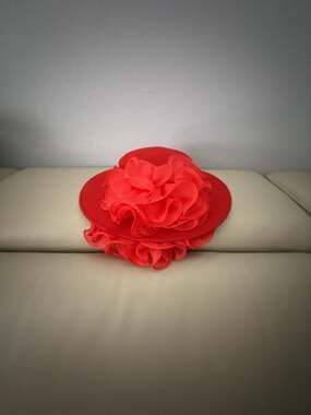 Sonni San Francisco Vintage Red Wool Wide Brim Hat with Organza Ruffle Flower